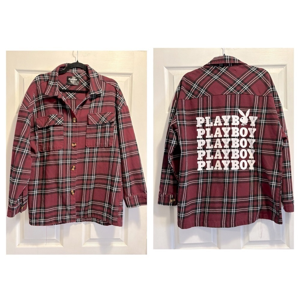 PLAYBOY Flannel Long Sleeve Button Up Shirt Burgundy Black White Plaid Sz Medium